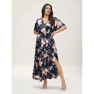 BLOOMCHIC Bloom Ditsy Floral Flutter Sleeve Maxi Dress Plus Size 14 16 Split Leg